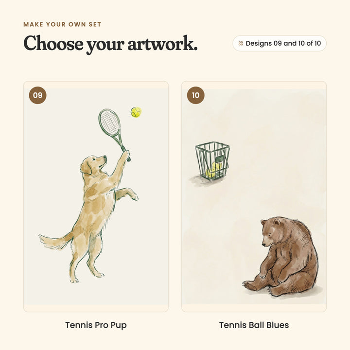 Designs 09 and 10 of 10: Tennis Pro Pup, a golden retriever on its hind legs reaching with a racket, and Tennis Ball Blues, a brown bear sitting below a wire basket of balls
