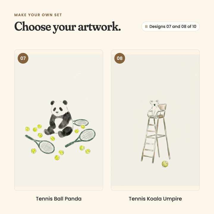 Designs 07 and 08 of 10: Tennis Ball Panda, a panda sitting among balls and three rackets, and Tennis Koala Umpire, a koala on an umpire's high chair