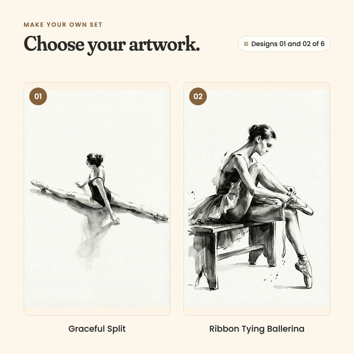Designs 01 and 02 of 6: Graceful Split, a ballerina sitting in a full split on the floor, and Ribbon Tying Ballerina, a ballerina sitting on a bench tying her pointe shoe ribbons