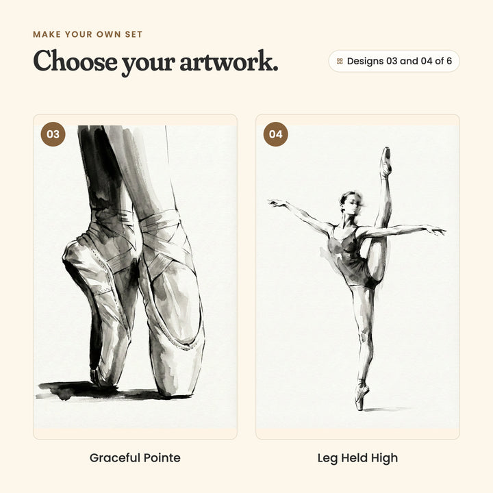 Designs 03 and 04 of 6: Graceful Pointe, a close-up of two feet en pointe in satin ballet shoes, and Leg Held High, a ballerina on one pointe with her leg raised high beside her