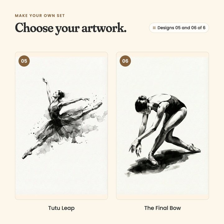 Designs 05 and 06 of 6: Tutu Leap, a ballerina in a tutu leaping with her arms open, and The Final Bow, a ballerina bending low into a deep bow
