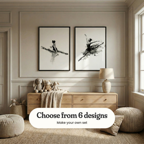 Panelled kids' room with two ballet prints in black frames above a light wood dresser with plush bunnies, a teddy bear, a cream throw and a table lamp, beside two knitted poufs: Graceful Split and Tutu Leap, with a label reading Choose from 6 designs, Make your own set