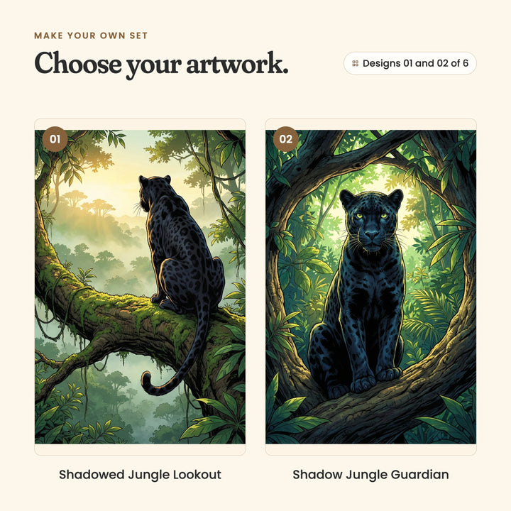 Designs 01 and 02 of 6: Shadowed Jungle Lookout, a panther seen from behind on a mossy branch, looking out over a misty jungle, and Shadow Jungle Guardian, a panther sitting tall on a branch inside an arch of twisting trees