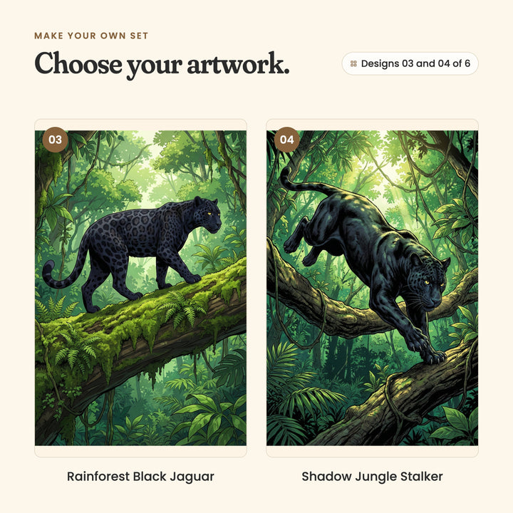 Designs 03 and 04 of 6: Rainforest Black Jaguar, a black panther walking along a mossy log, and Shadow Jungle Stalker, a panther creeping down a sloping branch