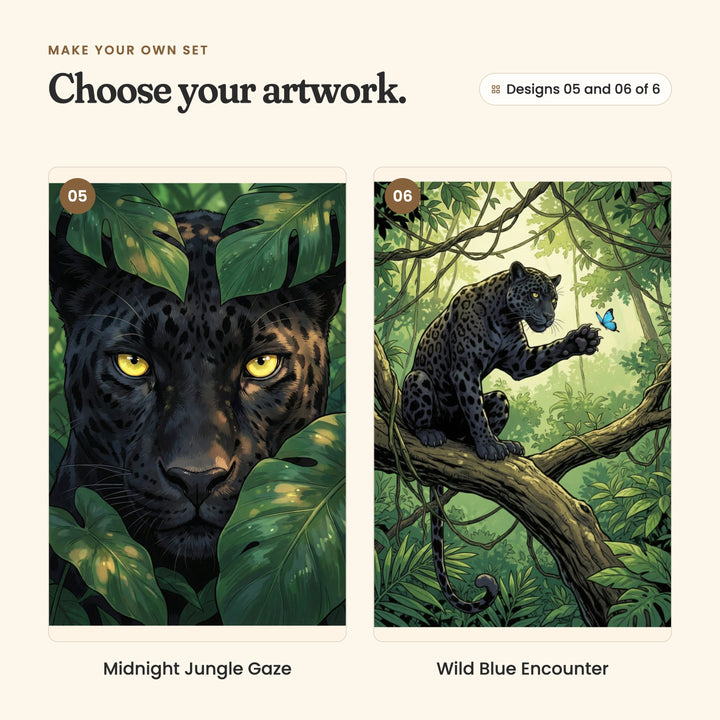 Designs 05 and 06 of 6: Midnight Jungle Gaze, a close view of a panther's face with golden eyes between big leaves, and Wild Blue Encounter, a panther on a branch reaching a paw toward a blue butterfly