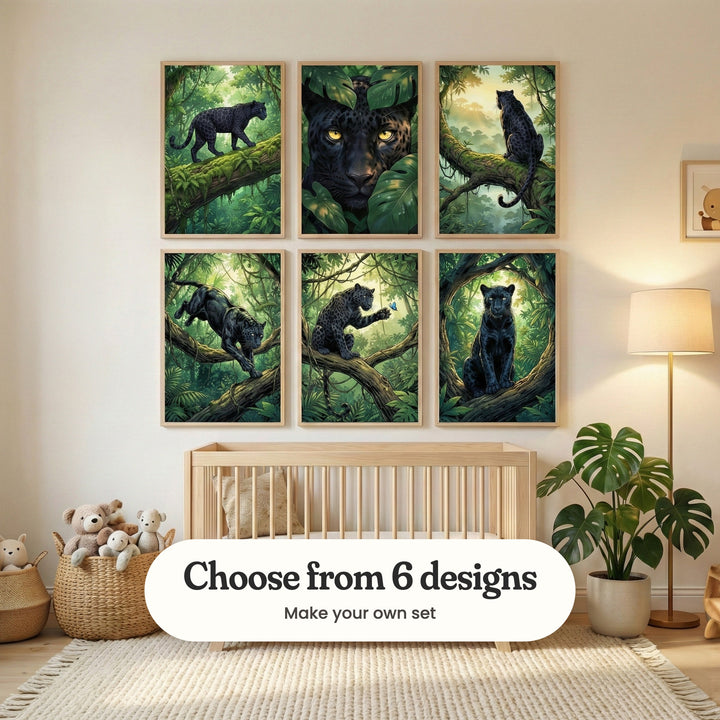 Cream nursery with six black panther prints in light wood frames in two rows above a light wood crib, beside a basket of teddy bears, a potted monstera and a floor lamp: Rainforest Black Jaguar, Midnight Jungle Gaze, Shadowed Jungle Lookout, Shadow Jungle Stalker, Wild Blue Encounter and Shadow Jungle Guardian, with a label reading Choose from 6 designs, Make your own set