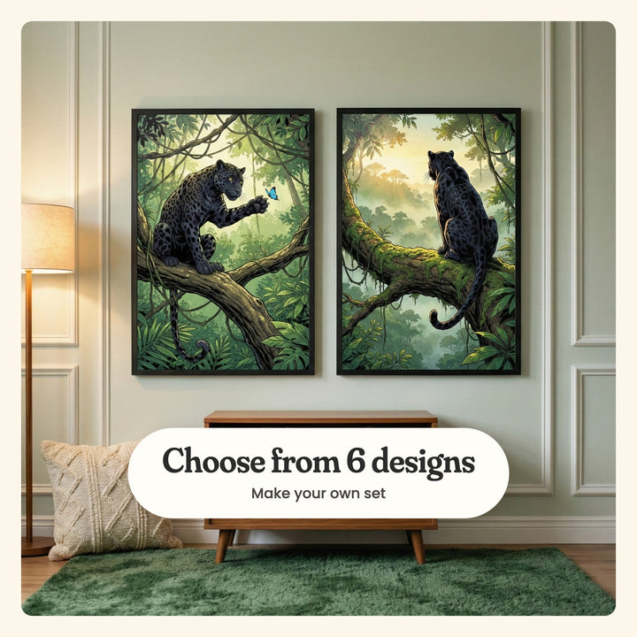 Sage panelled wall with two black panther prints in black frames above a walnut console, with a floor lamp, a knit cushion and a green rug: Wild Blue Encounter and Shadowed Jungle Lookout, labeled Choose from 6 designs, Make your own set