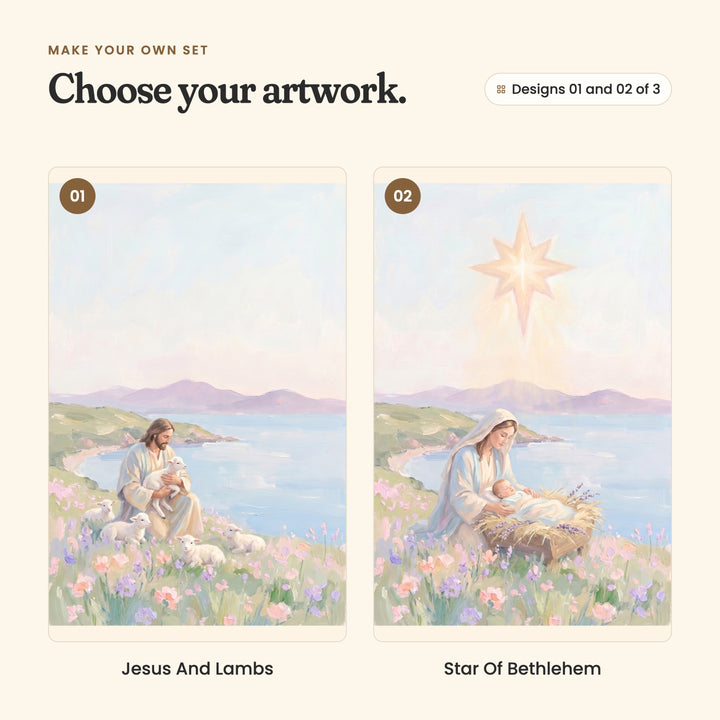 Designs 01 and 02 of 3: Jesus And Lambs, Jesus sitting among wildflowers by the sea, holding a lamb with four more lambs resting around him, and Star Of Bethlehem, Mary leaning over baby Jesus in a straw manger by the sea, under a bright star