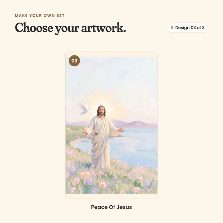 Design 03 of 3: Peace Of Jesus, Jesus standing with open arms in a glow of light by the sea as a white dove flies near