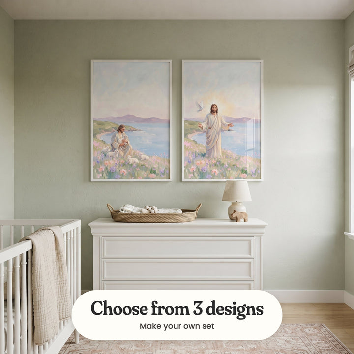 Sage green nursery with two Bible scene prints in white frames above a white dresser with a woven basket of baby things, a table lamp and a small wooden toy, beside a white crib with a cream blanket: Jesus And Lambs and Peace Of Jesus, with a label reading Choose from 3 designs, Make your own set