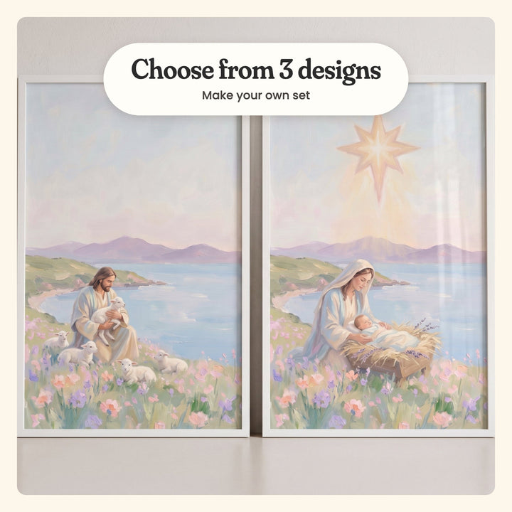 Close view of two Bible scene prints in white frames side by side on a pale grey wall: Jesus And Lambs and Star Of Bethlehem, labeled Choose from 3 designs, Make your own set