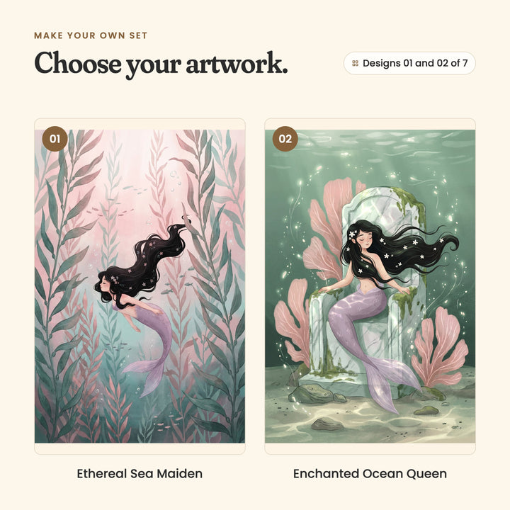 Designs 01 and 02 of 7: Ethereal Sea Maiden, a mermaid swimming up through tall pink and green sea grass, and Enchanted Ocean Queen, a mermaid sitting on a white stone throne among pink coral