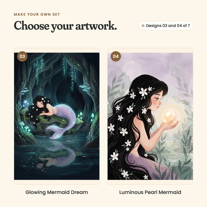 Designs 03 and 04 of 7: Glowing Mermaid Dream, a mermaid asleep on a mossy rock in a dark cave with glowing mushrooms, and Luminous Pearl Mermaid, a mermaid with white flowers in her hair holding a glowing pearl