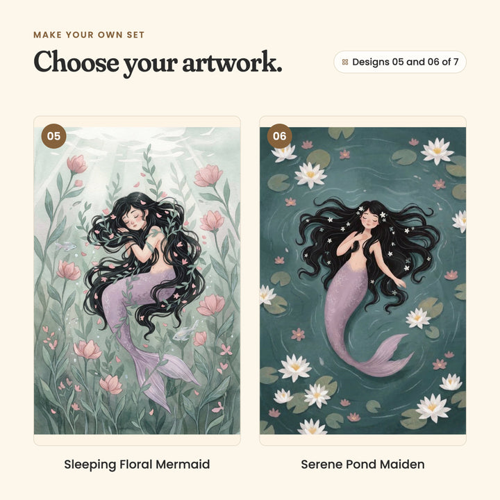 Designs 05 and 06 of 7: Sleeping Floral Mermaid, a mermaid curled up asleep among pink flowers, and Serene Pond Maiden, a mermaid floating on her back in a teal pond of white water lilies