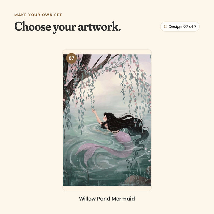 Design 07 of 7: Willow Pond Mermaid, a mermaid swimming in a misty pond, reaching up to willow branches