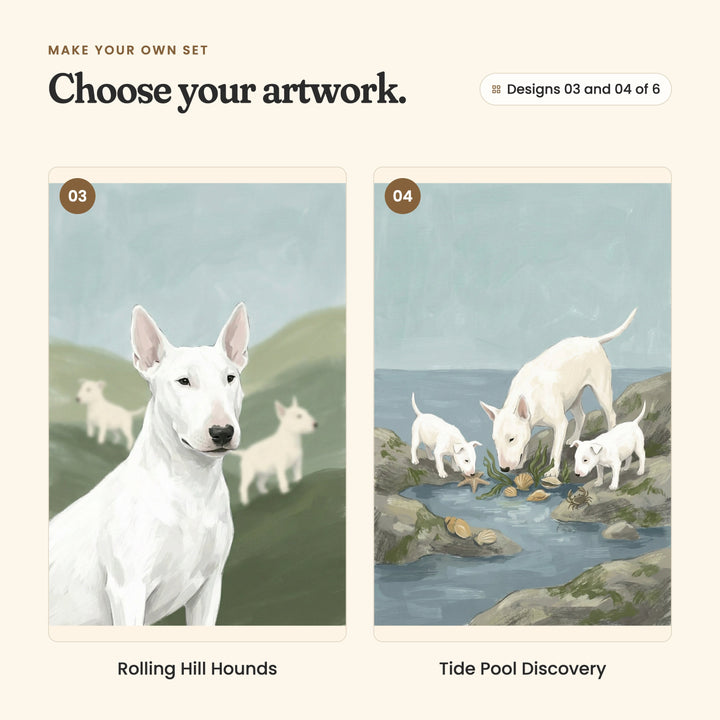 Designs 03 and 04 of 6: Rolling Hill Hounds, a close view of a bull terrier with two puppies playing on the hills behind, and Tide Pool Discovery, a bull terrier and two puppies sniffing shells around a rock pool