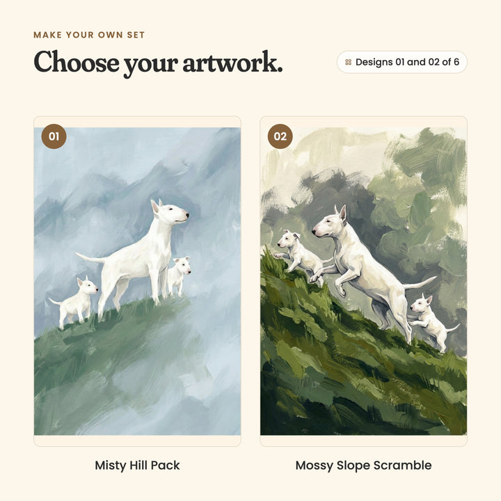 Designs 01 and 02 of 6: Misty Hill Pack, a bull terrier and two puppies standing on a misty green hilltop, and Mossy Slope Scramble, a bull terrier and two puppies scrambling up a mossy hillside