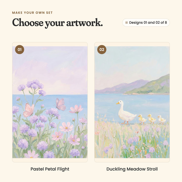 Designs 01 and 02 of 8: Pastel Petal Flight, pink butterflies over lavender and pink wildflowers by the sea, and Duckling Meadow Stroll, a white duck leading three ducklings along the shore with green hills behind