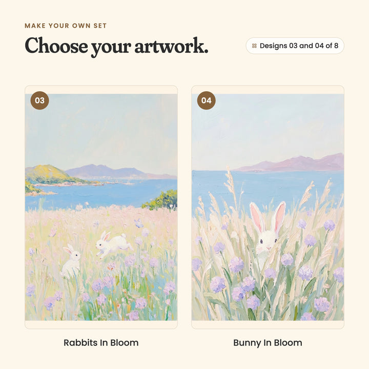 Designs 03 and 04 of 8: Rabbits In Bloom, two white bunnies, one leaping, in a pastel meadow above a bay, and Bunny In Bloom, a white bunny peeking through tall grass and purple flowers