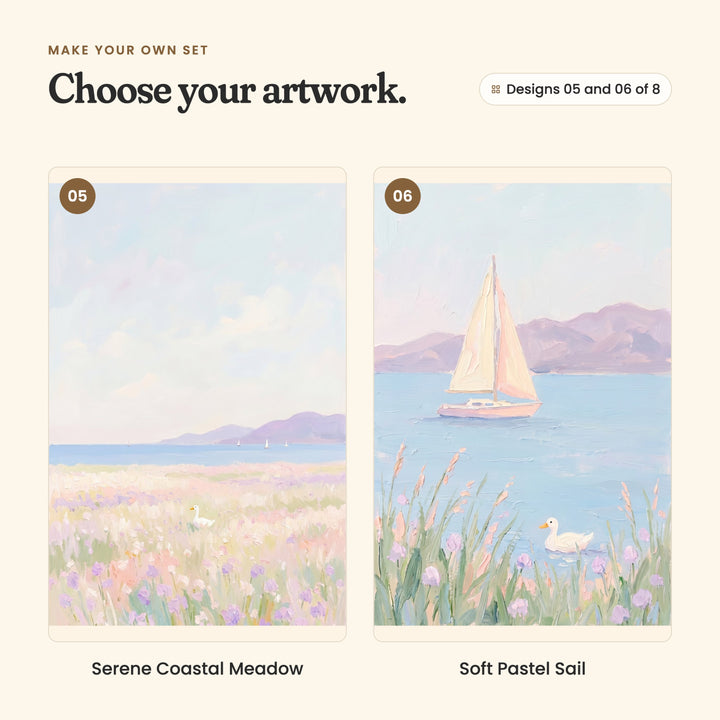Designs 05 and 06 of 8: Serene Coastal Meadow, a wide pink and lavender meadow by the sea with a tiny white duck and sailboats far out, and Soft Pastel Sail, a pink-sailed sailboat in front of lilac mountains with a duck among the reeds