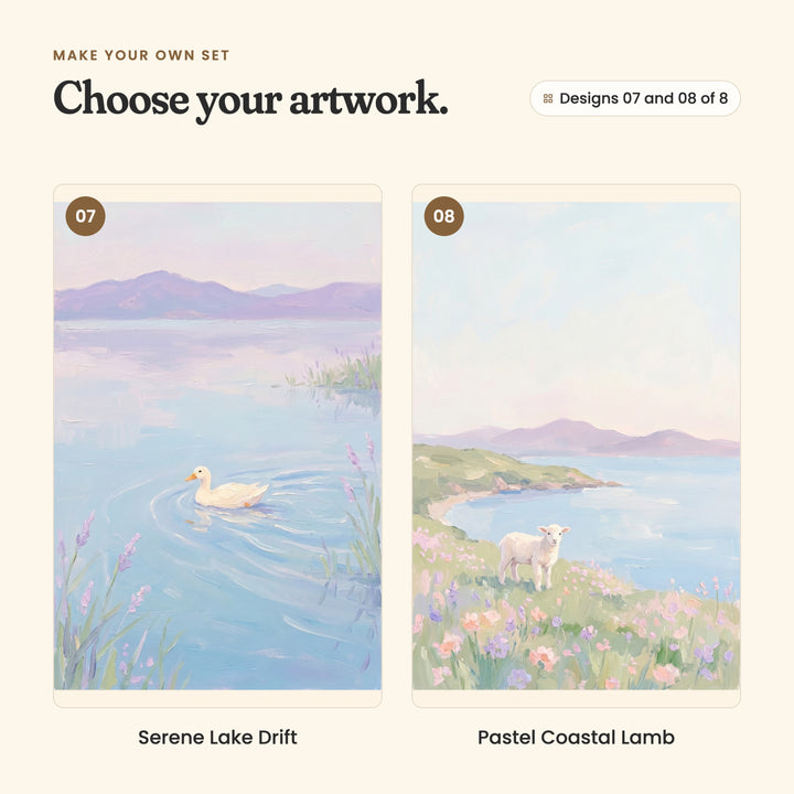 Designs 07 and 08 of 8: Serene Lake Drift, a white duck swimming through ripples on a lilac-tinted lake, and Pastel Coastal Lamb, a lamb standing in wildflowers on a hill above a curving bay