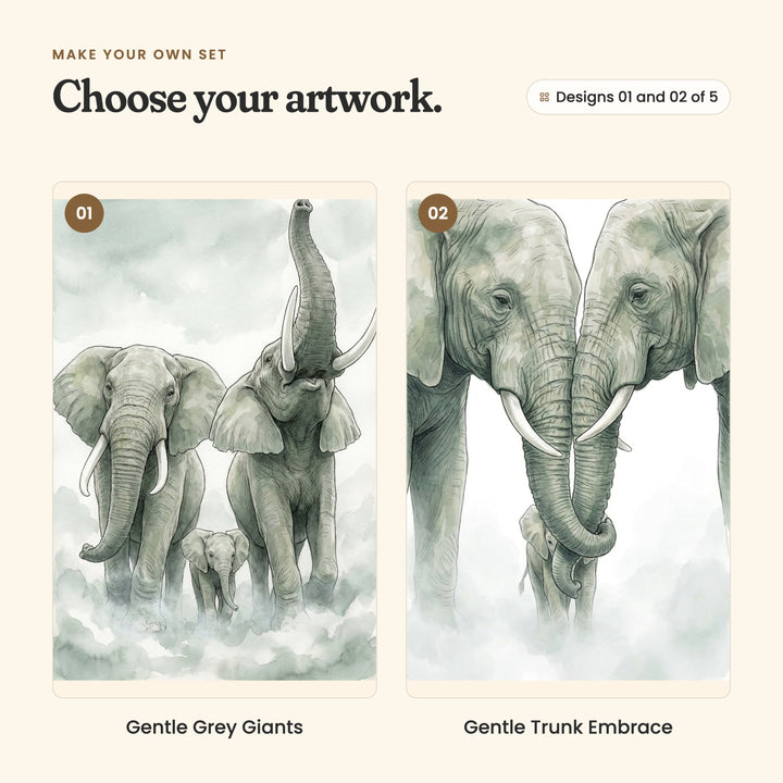 Designs 01 and 02 of 5: Gentle Grey Giants, two elephants and a calf in the mist, one trumpeting with its trunk raised, and Gentle Trunk Embrace, two elephants face to face with trunks entwined above their calf