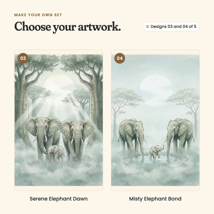 Designs 03 and 04 of 5: Serene Elephant Dawn, two elephants and a calf between tall trees with rays of sun, and Misty Elephant Bond, a calf splashing in a waterhole beside two elephants under a pale sun