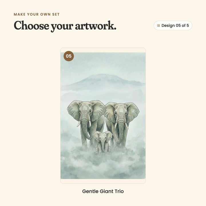 Design 05 of 5: Gentle Giant Trio, two elephants and a calf before a distant mountain in the mist