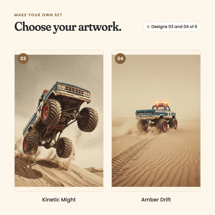Designs 03 and 04 of 6: Kinetic Might, the monster truck flying off a sand dune in a spray of sand, and Amber Drift, the monster truck crossing rippled dunes with its roof lights on
