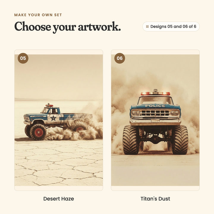 Designs 05 and 06 of 6: Desert Haze, the monster truck kicking up dust on a cracked salt flat, and Titan's Dust, the monster truck coming head-on through a dust cloud with its light bar glowing