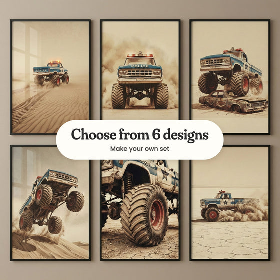 Six desert monster truck prints in black frames in two rows on a taupe wall: the truck crossing rippled dunes with its roof lights on, the truck head-on through a dust cloud, the truck rolling over a rusty old car, the truck flying off a dune, a close-up of its giant muddy tire and the truck kicking up dust on a cracked salt flat, with a label reading Choose from 6 designs, Make your own set
