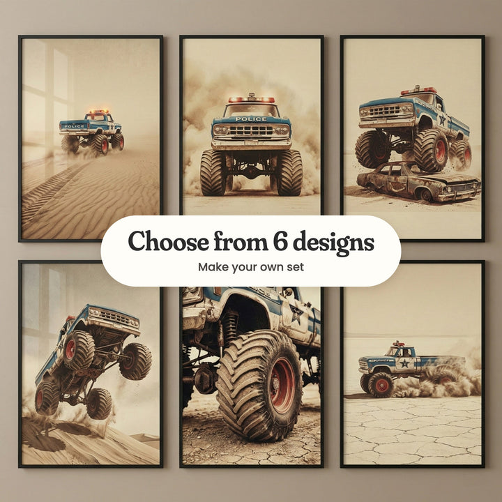 Six desert monster truck prints in black frames in two rows on a taupe wall: the truck crossing rippled dunes with its roof lights on, the truck head-on through a dust cloud, the truck rolling over a rusty old car, the truck flying off a dune, a close-up of its giant muddy tire and the truck kicking up dust on a cracked salt flat, with a label reading Choose from 6 designs, Make your own set