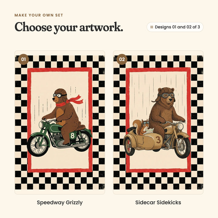 Designs 01 and 02 of 3: Speedway Grizzly, a bear in a leather cap, goggles and a red scarf riding a green motorcycle marked 8, and Sidecar Sidekicks, a bear in a leather cap and goggles on a tan motorcycle marked 3, with a squirrel in goggles holding a map in the sidecar