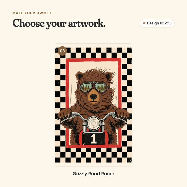 Design 03 of 3: Grizzly Road Racer, a shaggy bear in green tinted goggles riding straight toward you on a motorcycle with a number 1 plate