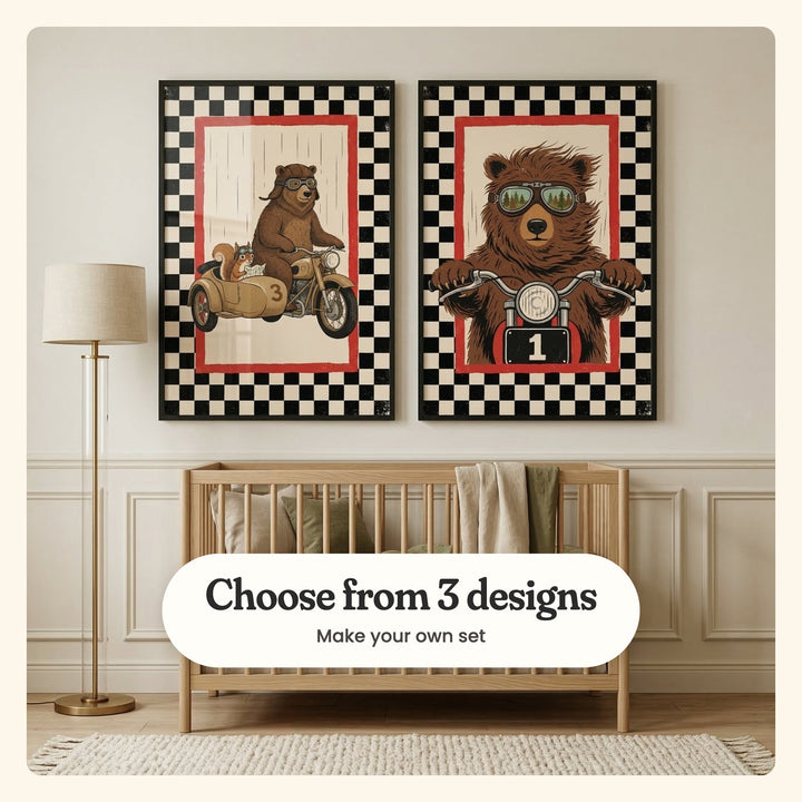 Pale panelled nursery with two motorcycle bear prints in black frames above a light wood crib with a folded blanket, beside a brass floor lamp: Sidecar Sidekicks and Grizzly Road Racer, labeled Choose from 3 designs, Make your own set