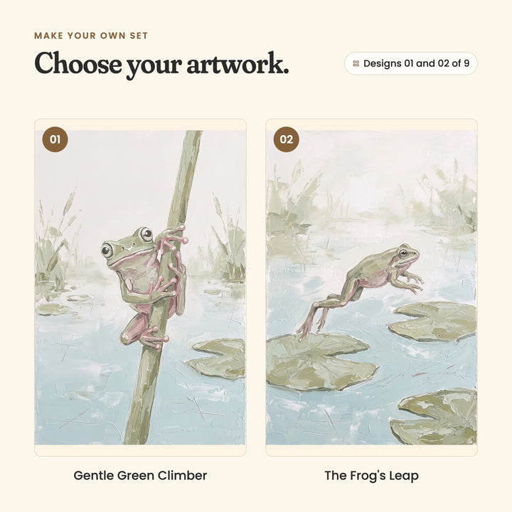 Designs 01 and 02 of 9: Gentle Green Climber, a tree frog climbing a reed stalk, and The Frog's Leap, a frog leaping between lily pads