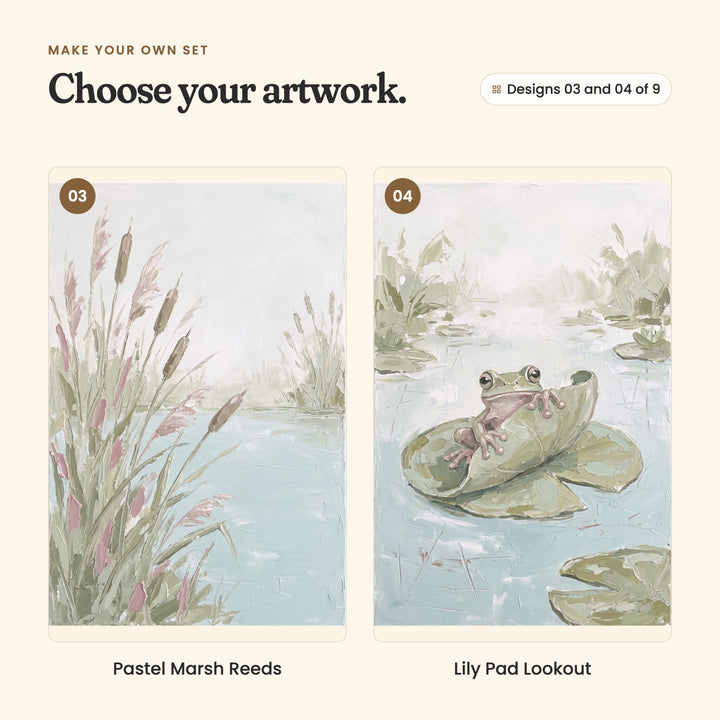 Designs 03 and 04 of 9: Pastel Marsh Reeds, cattails and pink-tipped reeds at the water's edge, and Lily Pad Lookout, a frog peeking over a curled lily pad