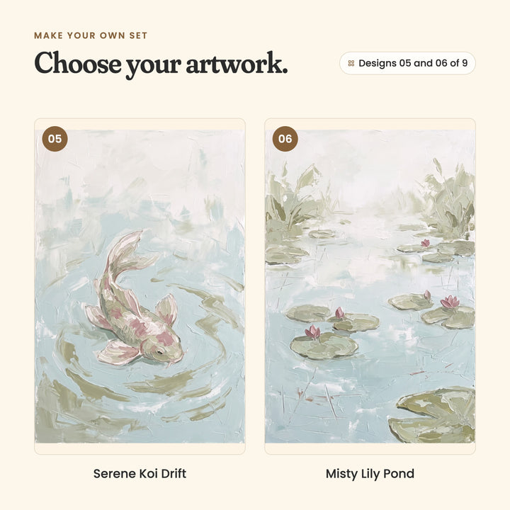 Designs 05 and 06 of 9: Serene Koi Drift, a pink and cream koi swimming through ripples, and Misty Lily Pond, lily pads with pink water lilies on still water