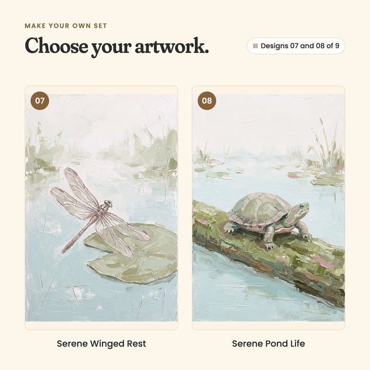 Designs 07 and 08 of 9: Serene Winged Rest, a pink-winged dragonfly resting on a lily pad, and Serene Pond Life, a turtle with pink stripes resting on a mossy log