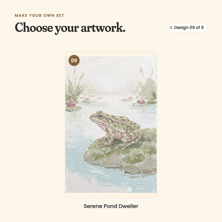 Design 09 of 9: Serene Pond Dweller, a spotted frog sitting on a mossy rock