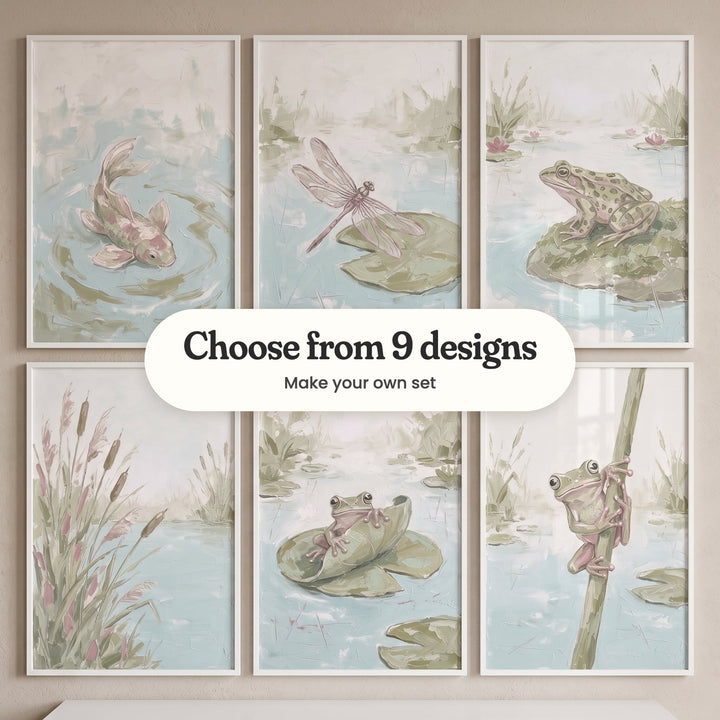 Six lily pond prints in white frames in two rows on a beige wall: a pink and cream koi, a pink-winged dragonfly on a lily pad, a spotted frog on a mossy rock, cattails and pink reeds, a frog peeking over a curled lily pad and a tree frog climbing a reed, with a label reading Choose from 9 designs, Make your own set
