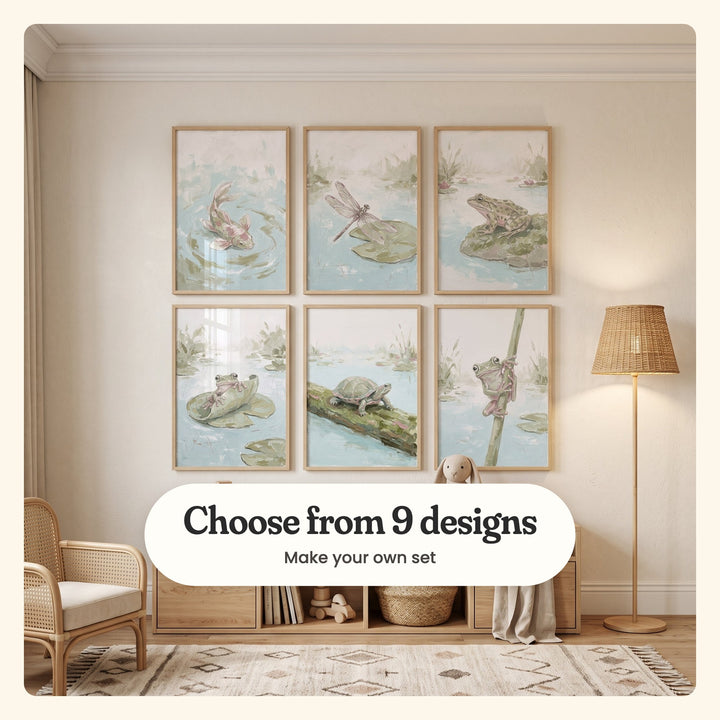 Six lily pond prints in light wood frames in two rows on a cream wall, above a light wood shelf with books, a wooden toy car, a woven basket and a plush bunny, beside a rattan armchair and a rattan floor lamp: a koi, a dragonfly on a lily pad, a spotted frog, a frog on a curled lily pad, a turtle on a mossy log and a tree frog climbing a reed, labeled Choose from 9 designs, Make your own set