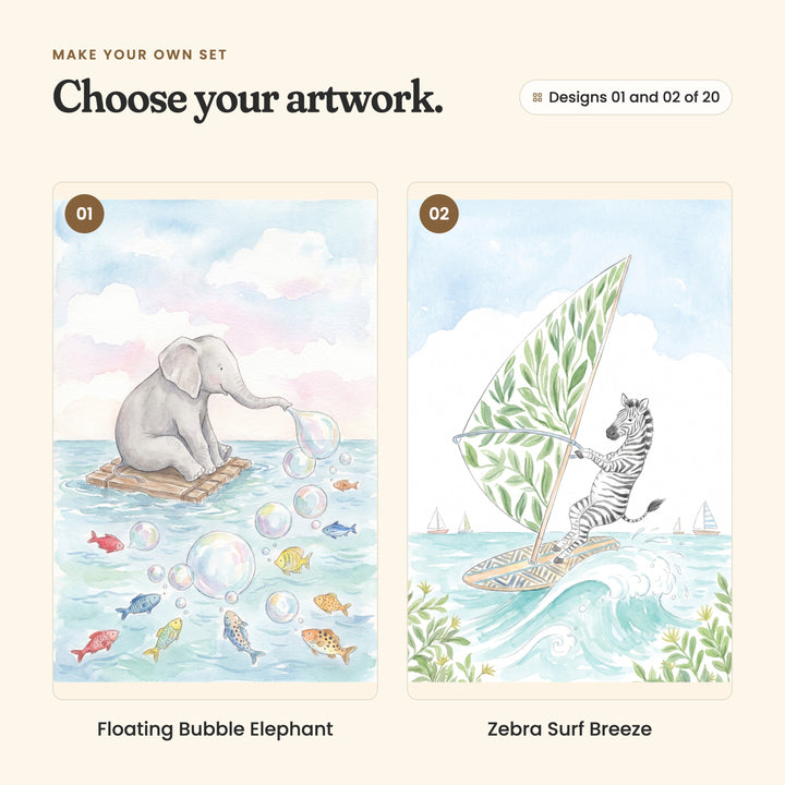 Designs 01 and 02 of 20: Floating Bubble Elephant, an elephant on a raft blowing bubbles over the fish, and Zebra Surf Breeze, a zebra windsurfing with a leaf-pattern sail