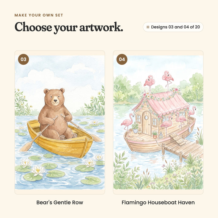 Designs 03 and 04 of 20: Bear's Gentle Row, a bear rowing a yellow boat among water lilies, and Flamingo Houseboat Haven, flamingos on a pink-roofed houseboat at a dock