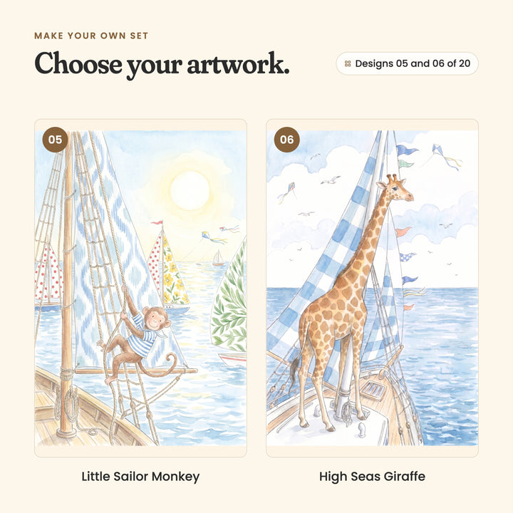 Designs 05 and 06 of 20: Little Sailor Monkey, a monkey in a striped shirt climbing the rigging, and High Seas Giraffe, a giraffe on deck under a gingham sail