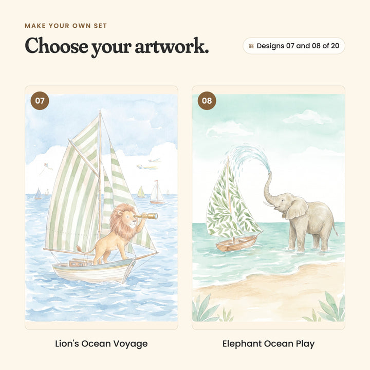 Designs 07 and 08 of 20: Lion's Ocean Voyage, a lion looking through a spyglass under green striped sails, and Elephant Ocean Play, an elephant spraying water toward a boat with a leaf-pattern sail