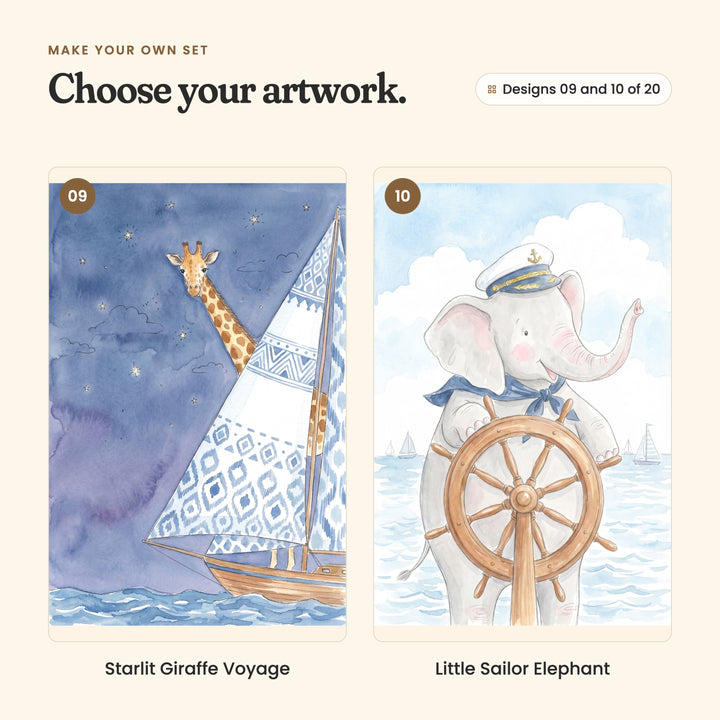 Designs 09 and 10 of 20: Starlit Giraffe Voyage, a giraffe behind a patterned sail under a starry navy night sky, and Little Sailor Elephant, an elephant in a captain's cap at the ship's wheel