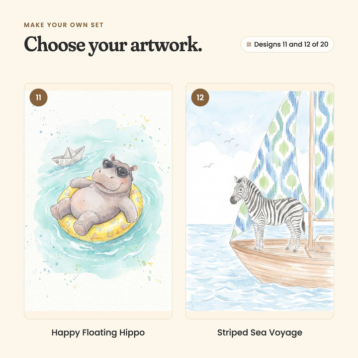 Designs 11 and 12 of 20: Happy Floating Hippo, a hippo in sunglasses on a yellow float with a paper boat, and Striped Sea Voyage, a zebra standing on a boat under a patterned sail