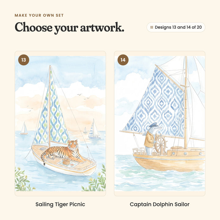 Designs 13 and 14 of 20: Sailing Tiger Picnic, a tiger lounging on deck with a picnic basket, and Captain Dolphin Sailor, a dolphin in a cap and coat at the wheel under a patterned sail