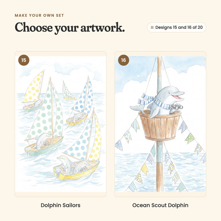 Designs 15 and 16 of 20: Dolphin Sailors, dolphins sailing polka-dot sailboats, and Ocean Scout Dolphin, a dolphin in a crow's nest with a striped scarf and binoculars under bunting